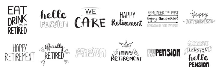 Collection of phrases about senior people. Care, retirement, pension. Handwriting calligraphy lettering set about age human. Vector illustration.