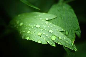 Lush green leaf with raindrops