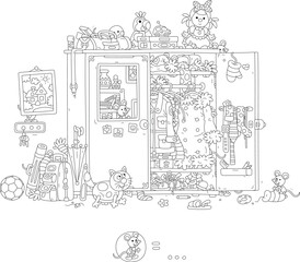 Find all 10 of cunning grey mice hiding from a funny plump cat in a large old closet full of clothes, shoes, other things and toys in a home hallway, black and white outline vector cartoon illustratio