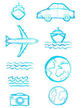 watercolor hand painted Various icons (blue). symbol picture set Tourism, boats, water waves, globes, planes, cameras and cars.