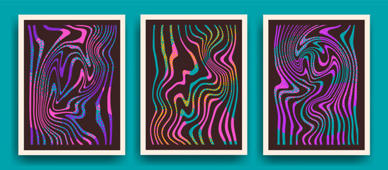 Abstract background liquid flowing lines in holographic rainbow colors.