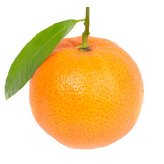 Orange mandarin with green leaf in PNG isolated on transparent background