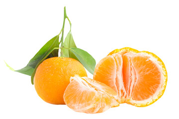 Orange mandarins with green leaves in PNG isolated on transparent background