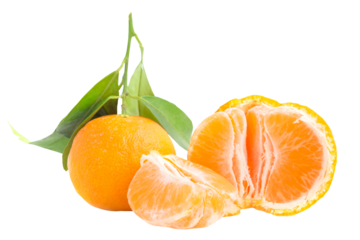 Orange mandarins with green leaves in PNG isolated on transparent background