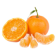 Orange mandarins with green leaf in PNG isolated on transparent background