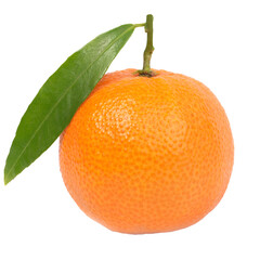 Orange mandarin with green leaf in PNG isolated on transparent background