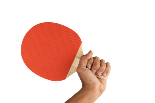 black male hand holding a ping pong racket isolated