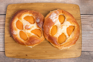 Ensaimada de Mallorca. Apricot Ensaimada, a typical sweet from the island of Majorca (Balearic Islands, Spain).