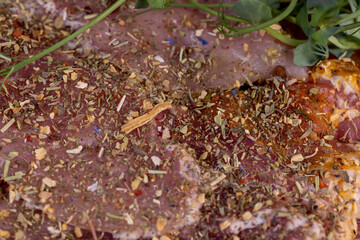 Pork meat pieces marinated with spices and salt