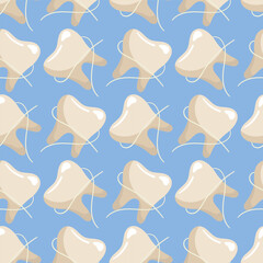A pattern of simple clean teeth with dental floss. Dental treatment. Topic Flossing teeth. Cartoon vector illustration. Blue background for printing on fabric and wrapping paper. Seamless pattern