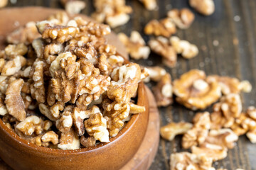 Walnut kernel on the kitchen table during cooking