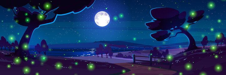 Fototapeta premium Night landscape with moon in starry sky and fireflies cartoon vector background scene. Nighttime beach illustration with path to sea and skyline. Romantic moonlight reflection in dark ocean horizon