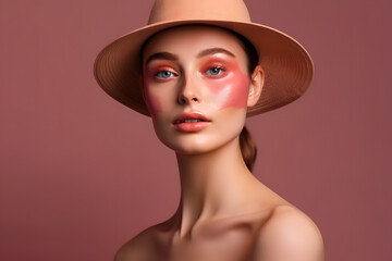 Smiling woman with hat with applied pink sunscreen on her face created with Generative AI Technology
