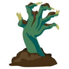 Scary zombie hand crawling out of the ground on a white background, Halloween holiday - vector illustration. A green rotten hand in the sand climbs out of the grave. Scary and broken