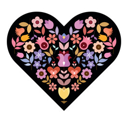 Vector floral design of heart shape with many different flowers inside isolated on a black background.