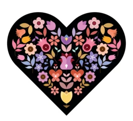 Photo sur Aluminium Art abstrait Vector floral design of heart shape with many different flowers inside isolated on a black background.
