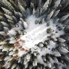Snow Forest Aerial View. Generative AI
