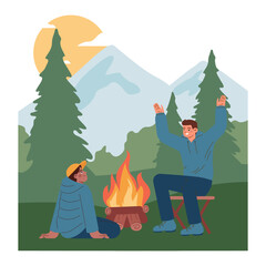 Naklejka premium Mountaineering. Travelers sitting near campfire during nature adventure