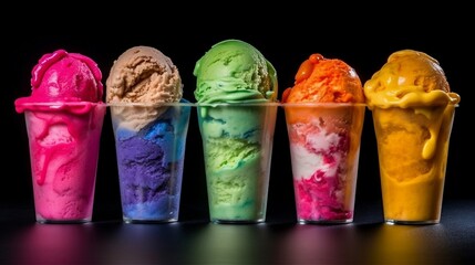 Five types of different flavors and colors of ice creams in transparent cups isolated on a dark background, copy space, AI-generated