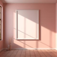 empty room with one vertical frame mock up on wall , pastel pink, generative ai
