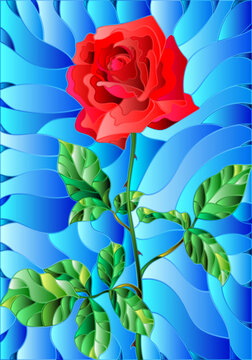 An illustration in the style of a stained glass window with a scarlet rose flower on a blue background