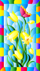 An illustration in the style of a stained glass window with a bouquet of yellow bell flowers and a butterfly on a blue sky background in a bright frame