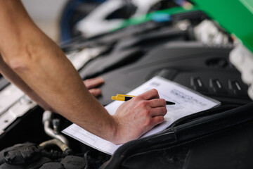 Closeup of a man writing on a clipboard in a garage on open hood. Human hand