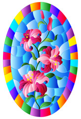 An illustration in the style of a stained glass window with a bouquet of pink lilies on a blue sky background in a bright frame, oval image