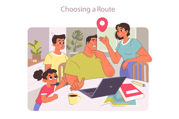 Family trip. Big family with children planning a vacation on a summer