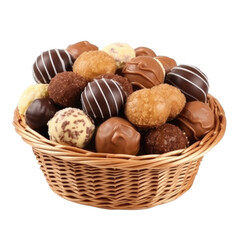 Wicker basket full of delicious and sweet chocolate candies isolated on transparent background, png clip art. Generated with AI.