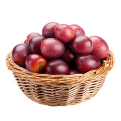 Fototapeta na wymiar Wicker basket full of delicious ripe and sweet plums isolated on transparent background, png clip art. Template for fruit flavor mark. Generated with AI.