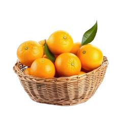 Illustration of wicker basket full of ripe orange fruits isolated on transparent background. PNG clip art element. Generated with AI.