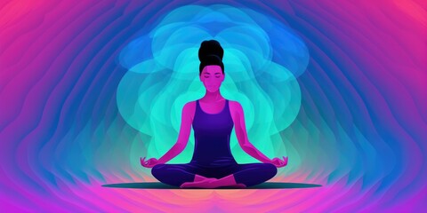 Silhouette of Yoga woman in lotus position. Colorful gradient background, created with generative ai