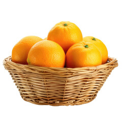 Illustration of wicker basket full of ripe orange fruits isolated on transparent background. PNG clip art element. Generated with AI.