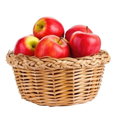 Illustration of wicker basket full of fresh ripe red apples isolated on transparent background. PNG clip art element. Generated with AI.