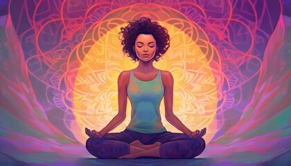 Beautiful young african american woman meditating in lotus position., created with generative ai