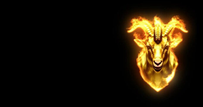 4K Footage of a Golden Goat Head Engulfed in Flames, Set Against a Black Background with Ample Copy Space