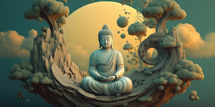 Buddha sitting on the moon and meditating in lotus position, mindfullness concept, new year's resolution, Mindfulness. Magha Puja Day or Makha Bucha Day