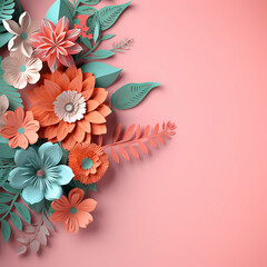 pastel background with paper flowers and leaves, floral wallpaper, Generative AI