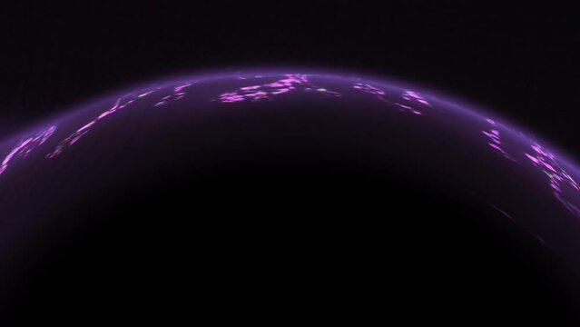 Neon glow. Futuristic background. Quantum sphere. Defocused fluorescent purple color glitch curve light flare on dark black abstract copy space.