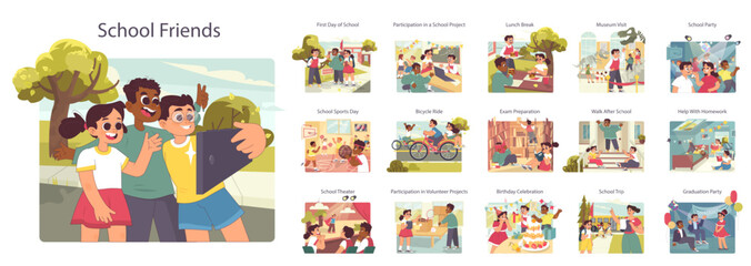 Fototapeta premium School friends set. Group of students hanging out together during