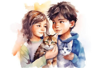 Fototapeta na wymiar Children adopting cat from animal shelter taking her home. Post processed AI generated image.