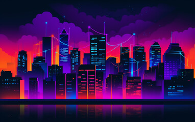 Neon city skyline at night. Generative AI technology.