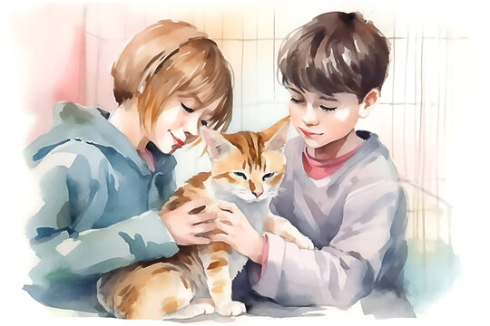Children adopting cat from animal shelter taking her home. Post processed AI generated image.