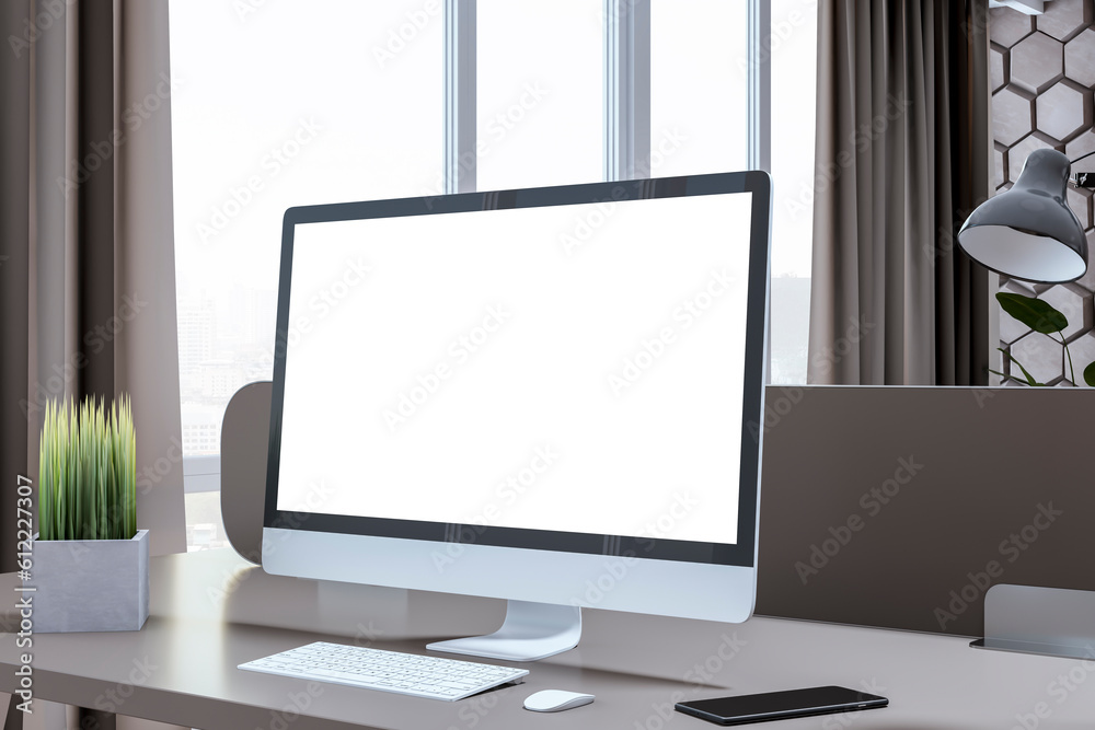 Poster close up of creative designer office interior with wall, empty white computer monitor and other item