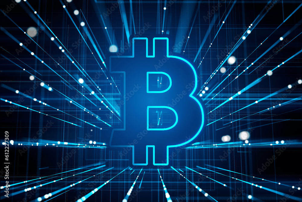 Poster creative glowing blue bitcoin hologram on dark background with metaverse lines. cryptocurrency and f
