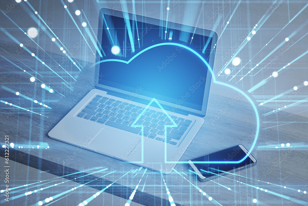 Poster laptop with abstract glowing cloud and digital blue mesh hologram on blurry desk background. safety 