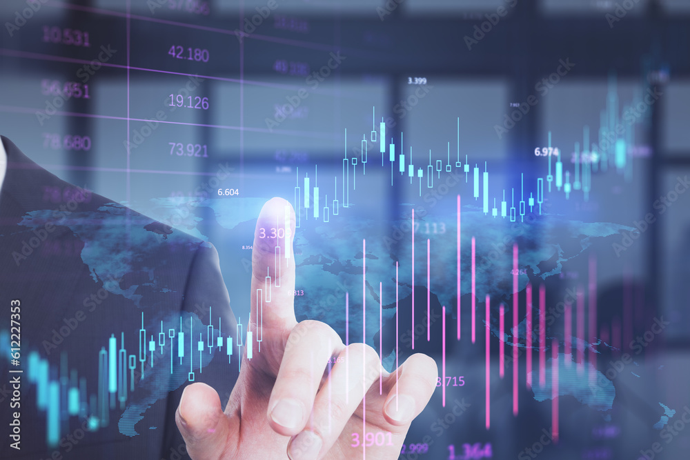 Poster headless busiessman pointing at glowing candlestick forex chart on blurry office iterior background.