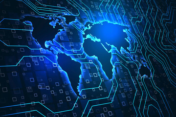 Global big data and innovation technologies concept with perspective view on digital glowing world map contour on blue illuminated background in form of microcircuit. 3D rendering