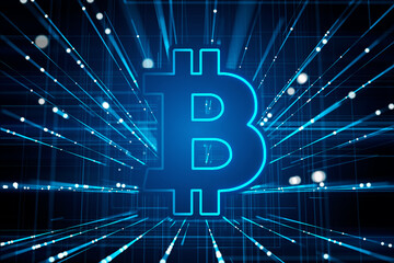 Creative glowing blue bitcoin hologram on dark background with metaverse lines. Cryptocurrency and...